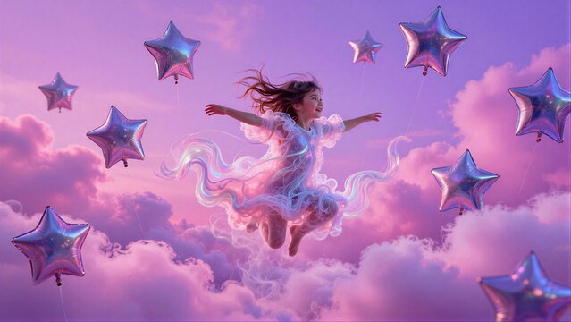 A joyful child floats through pink clouds, surrounded by glowing star-shaped balloons.