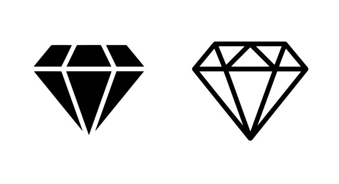Diamond gemstone icon set in black silhouette and outline styles with gemstone