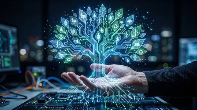 A person presents a glowing tree emerging from a circuit board in a technology lab.
