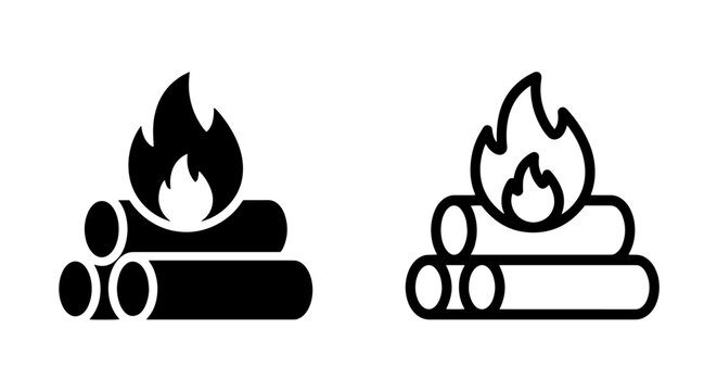 Simple campfire flame and wood log icons for camping with campfire, illustration