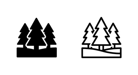Forest pine tree silhouette and outline icon set with evergreen woodland landscape © MdDelowar