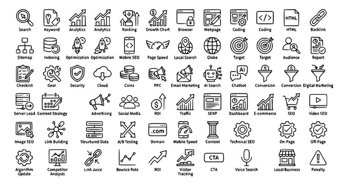 Modern SEO Outline Icon Pack Editable Stroke Search Optimization Vector Illustration