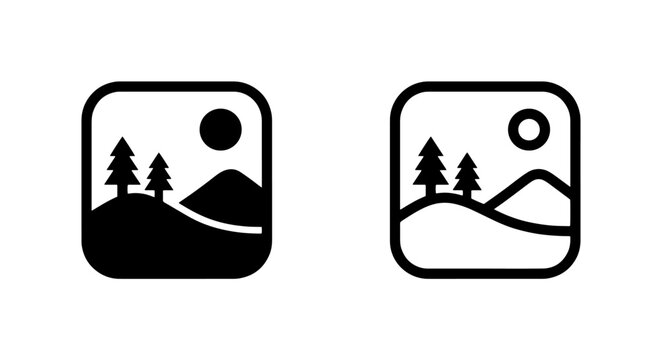 Set of minimalist landscape icons featuring mountains trees and sun in two styles