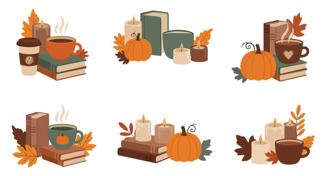 Cozy autumn still life collection with books pumpkins and candles