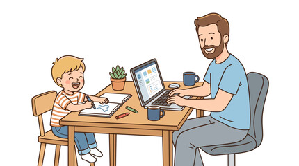 Fototapeta premium Father and son working and drawing together at a table with a laptop and art supplies