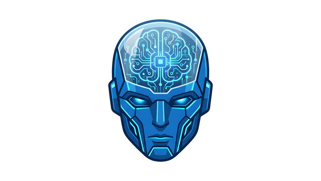 Blue robotic head with circuit brain