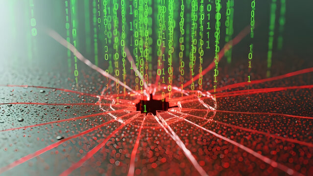 Abstract cyber security breach with cracked surface and falling green binary code