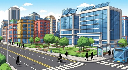 Fototapeta premium Vibrant urban cityscape illustration featuring busy street with modern buildings and pedestrians