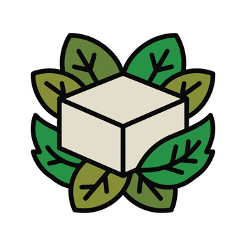 Vector illustration of a tofu block with fresh green leaves
