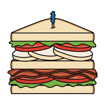 Cartoon illustration of a club sandwich with turkey, bacon, lettuce, and tomato