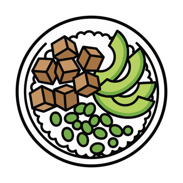 Cartoon vector illustration of a healthy rice bowl with tofu, avocado, and edamame