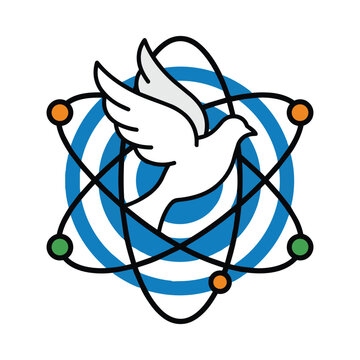Vector illustration of a peace dove combined with an atom symbol, representing science and peace