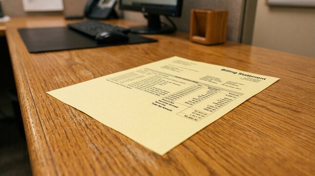 Billing Statement Printed in Large Font on Coloured Paper Lying on a Patient Services Desk - Hospital Accessibility Stock Photo