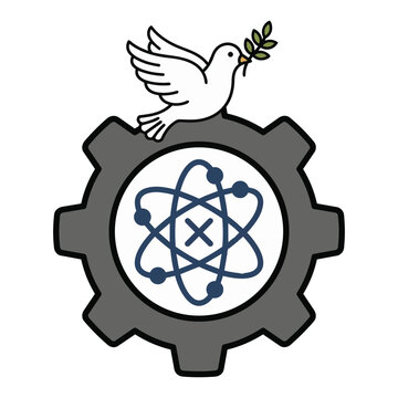 Vector illustration of a peace dove with an olive branch on a gear with an atom symbol