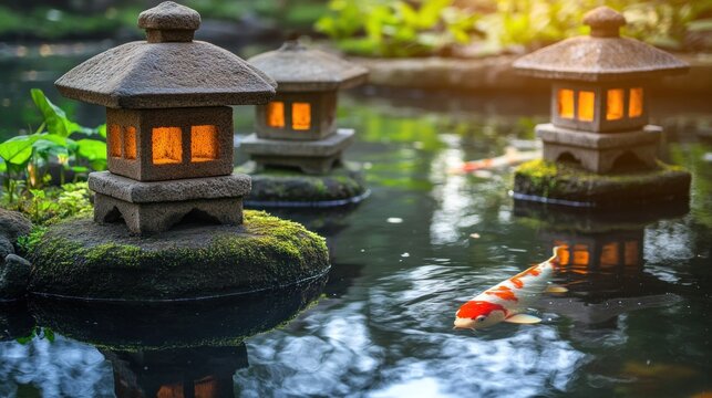 Illuminated stone lanterns stand within a serene tranquil garden pond setting