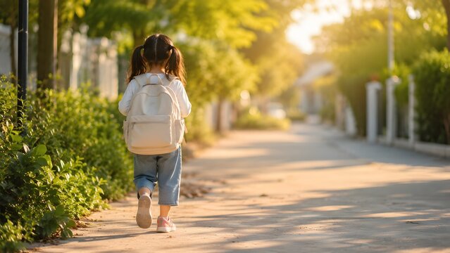 Rear view of a young schoolgirl with pigtails carrying a backpack walking down a sunny street path to school in the morning.