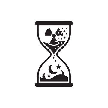Conceptual hourglass icon with a radiation symbol and a night sky with moon and stars