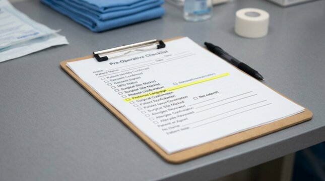 Pre-operative Checklist Clipboard with a Highlighted Language Preference Field Marked in Yellow Sitting on a Surgical Staging Area Desk - Hospital Accessibility Stock Photo