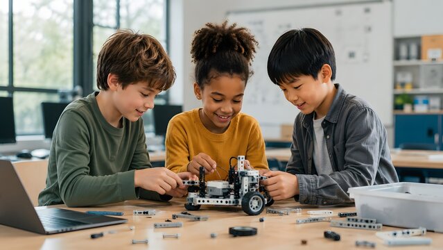 Multiethnic elementary school students building a robotic car together in a modern STEM classroom with a laptop on the table.