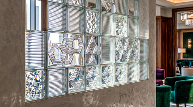 A beautiful partition wall made of textured clear glass blocks featuring geometric patterns of squares triangles and hexagons in a luxurious modern interior room space