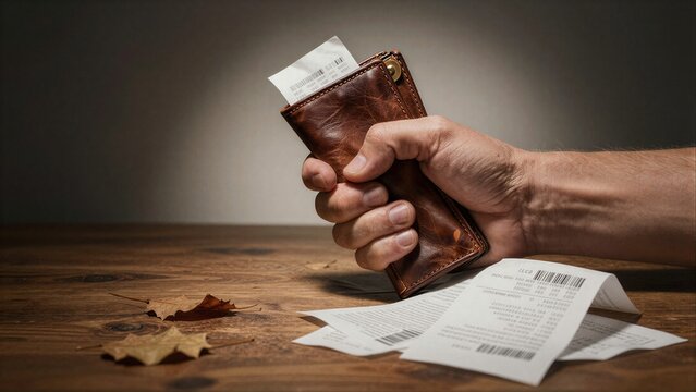 Hand grips empty wallet, receipts scattered on wooden table.