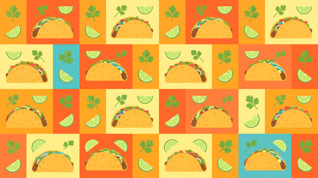 A seamless repeating flat vector pattern composed of crunchy hard shell tacos lime wedges and green cilantro sprigs set against a checkered backdrop of warm colorful squares