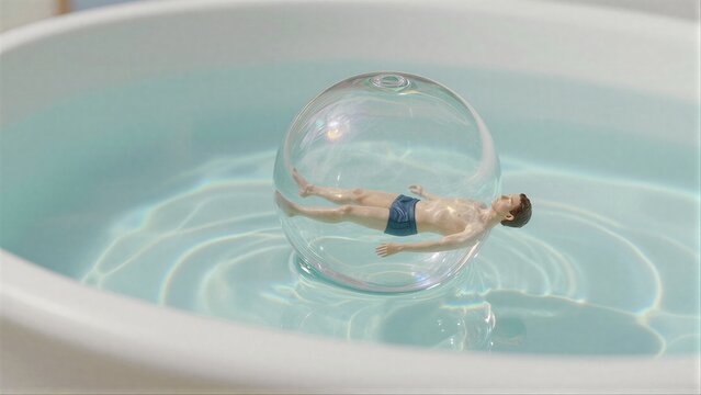 Mini figure floats peacefully in glass sphere, surrounded by calm turquoise water.