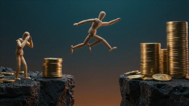 One figure leaps across a chasm to riches, while another struggles with lesser stacks.