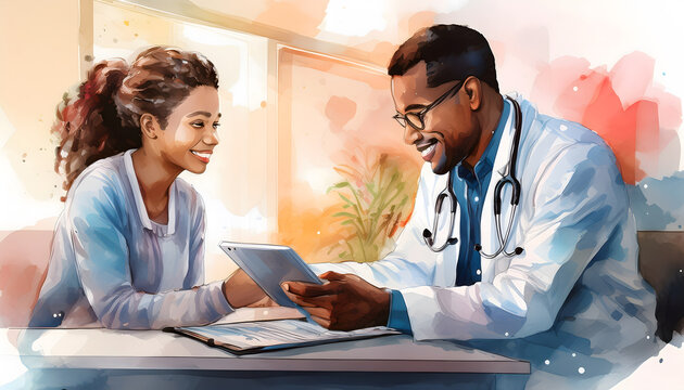 Doctor reviewing medical results on tablet with patient