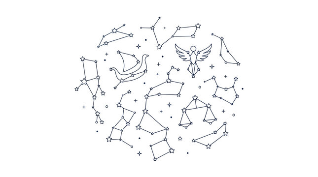 Celestial Constellations Map with Star Patterns and Astral Symbols