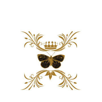 Logo farfalla stile barocco e lussuoso con corona oro e decorazioni floreali