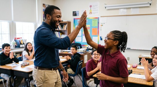 Teacher and student high five in classroom celebrating success and learning