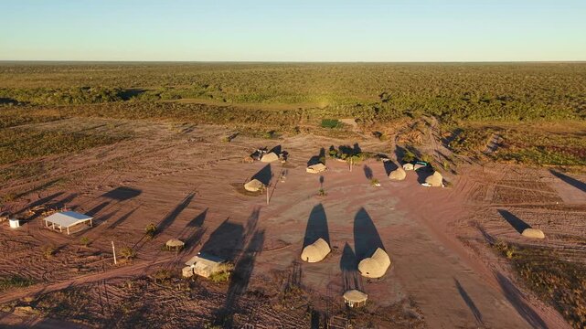 Aerial view of traditional houses in Katyalarekwa village, an Indigenous reserve of the Haliti Pares&iacute; people in Tangar&aacute; da Serra, Mato Grosso, Brazil