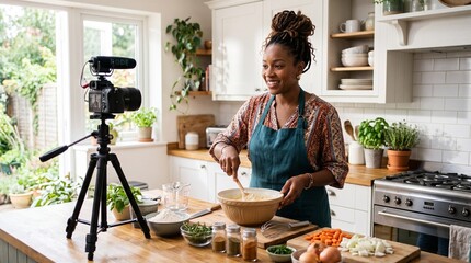 Fototapeta premium Woman filming cooking tutorial in kitchen with camera on tripod mixing ingredients in bowl