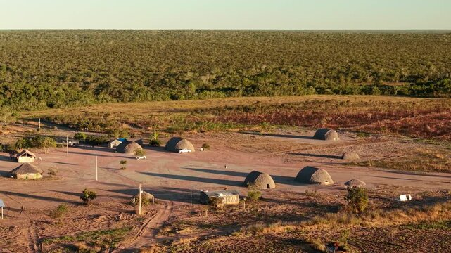 Aerial view of traditional houses in Katyalarekwa village, an Indigenous reserve of the Haliti Pares&iacute; people in Tangar&aacute; da Serra, Mato Grosso, Brazil
