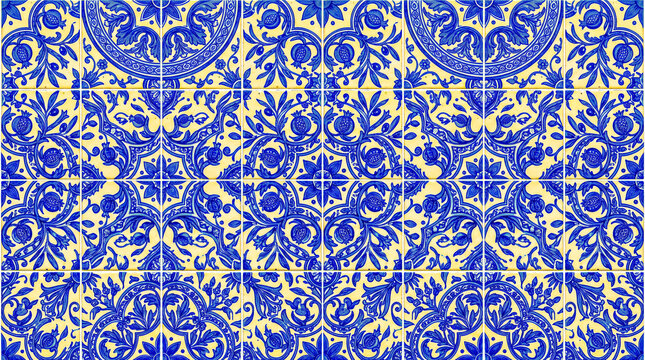 An ornate traditional wall of Portuguese azulejos ceramic tiles featuring intricate blue cobalt floral designs arabesques and pomegranate motifs on a light cream background