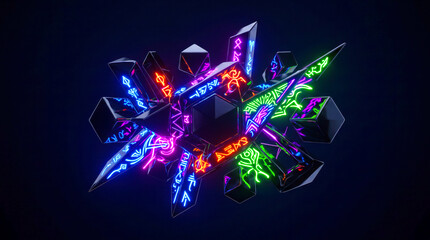Obraz premium A complex cluster of dark glossy geometric crystals etched with vibrant glowing neon runes and mystical ancient symbols floating suspended against a stark deep black background