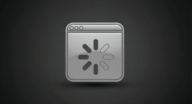 Metallic loading icon in browser window, silver progress bar spinner on dark background, sleek chrome web interface element for software UI