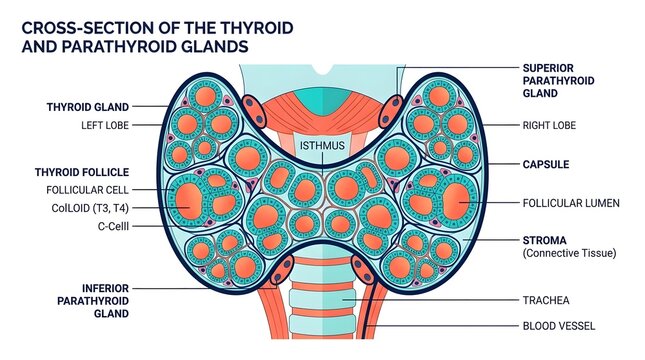 Detailed anatomical cross section of thyroid and parathyroid glands.