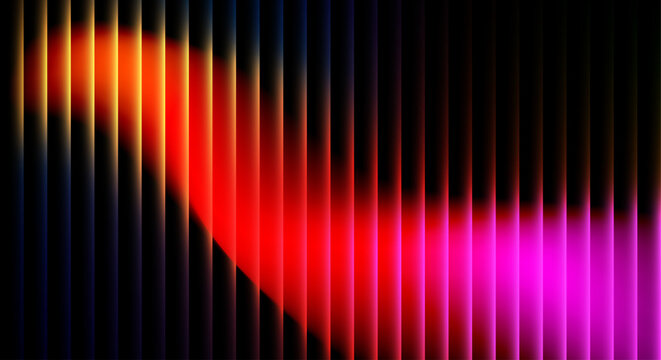 Dynamic display of vibrant light reflections moving diagonally across vertical lines on dark background, creating energetic and modern visual for various multimedia projects.