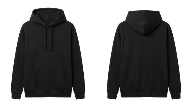 Blank black male hoodie sweatshirt long sleeve, mens hoody with hood for your design mockup for print, isolated on white background. Template sport winter clothes