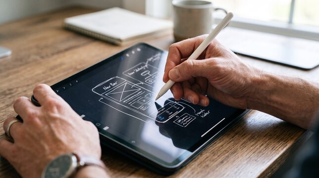Designer sketching website wireframes on a tablet with a stylus pen at a wooden desk