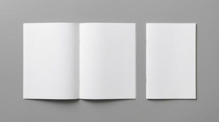 Fototapeta premium Open and closed blank brochures on grey background, top view. Mock up for design