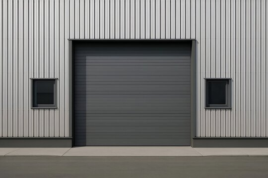 Modern Industrial Pre-engineered Steel Building Warehouse, Factory, or Commercial Shop Kit Facade with a Large Gray Rollup Door and Two Small Windows, Featuring Corrugated Metal Siding. Apartment Shed