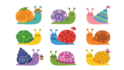 Cute happy cartoon snail characters bundle set with colorful patterned shells flowers geometric spirals and accessories vector illustration © Ruma