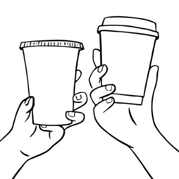 Hands holding disposable coffee cups sketch
