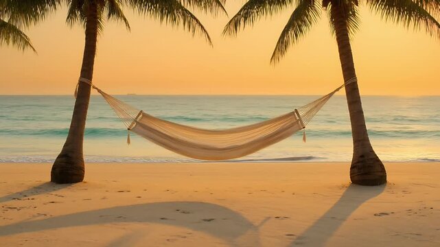 A tranquil beach scene with a hammock strung between two palm trees, overlooking the ocean at sunset