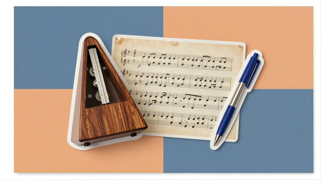 Wooden metronome, sheet music, and pen on colorful background.