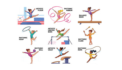 Cute cartoon female gymnastics athletes set performing artistic and rhythmic gymnastics disciplines with ribbon hoop clubs ball rope vector © Ruma