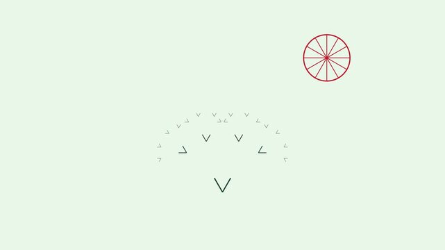 Minimalist abstract motion with rotating red wheel and pulsing green v-shapes for modern projects animation 4k